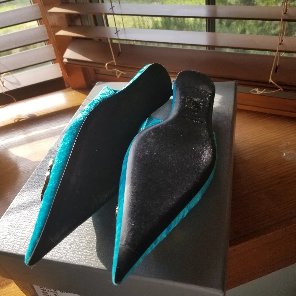 Balenciaga Teal Velvet Slingback Flats with Gold BB Logo - Picture 4 of 17